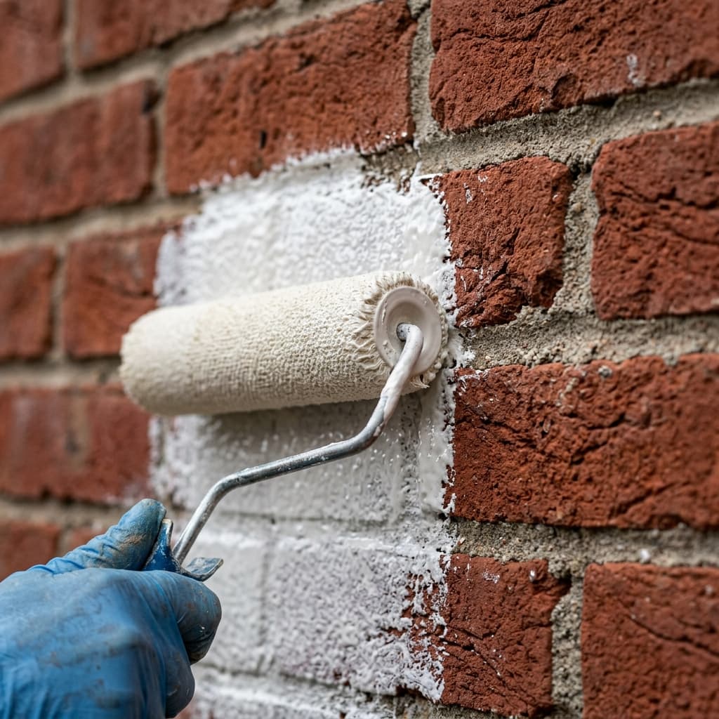 Close-up of masonry primer being rolled onto textured brick.