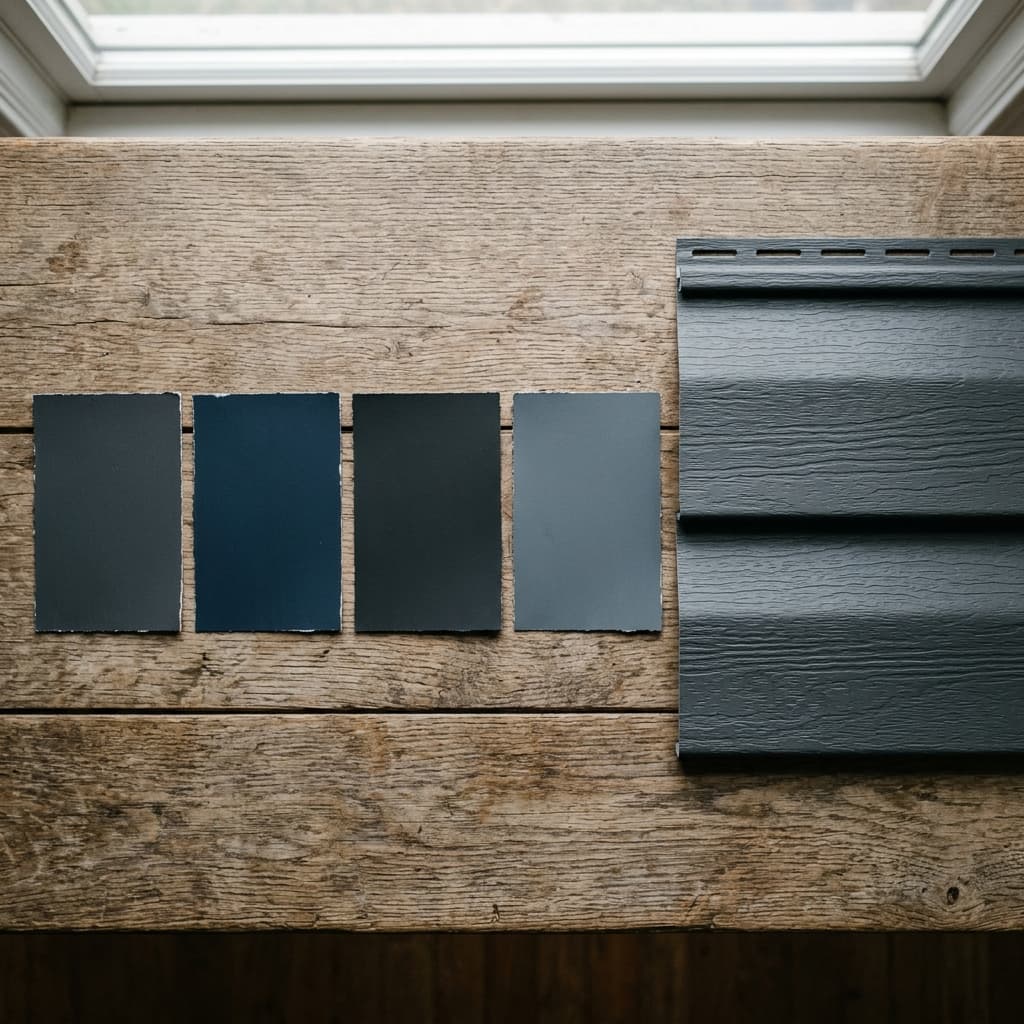 Paint swatches showing a range of vinyl-safe darker exterior colors next to a siding sample.