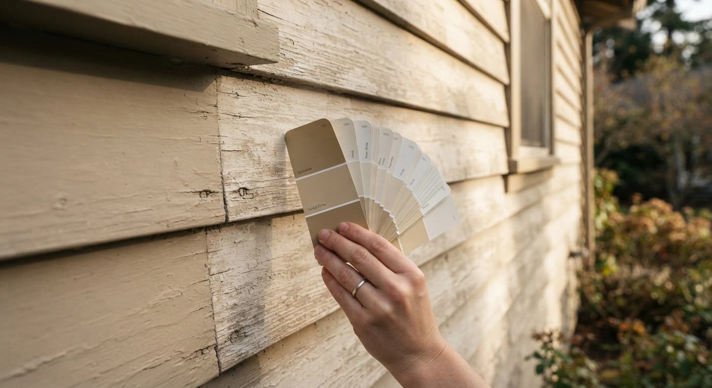 paint color fading comparison on sun-exposed exterior siding. Close-up of a sunlit siding wall with a paint-chip fan held against the faded section and the unfaded section, shot in natural afternoon light