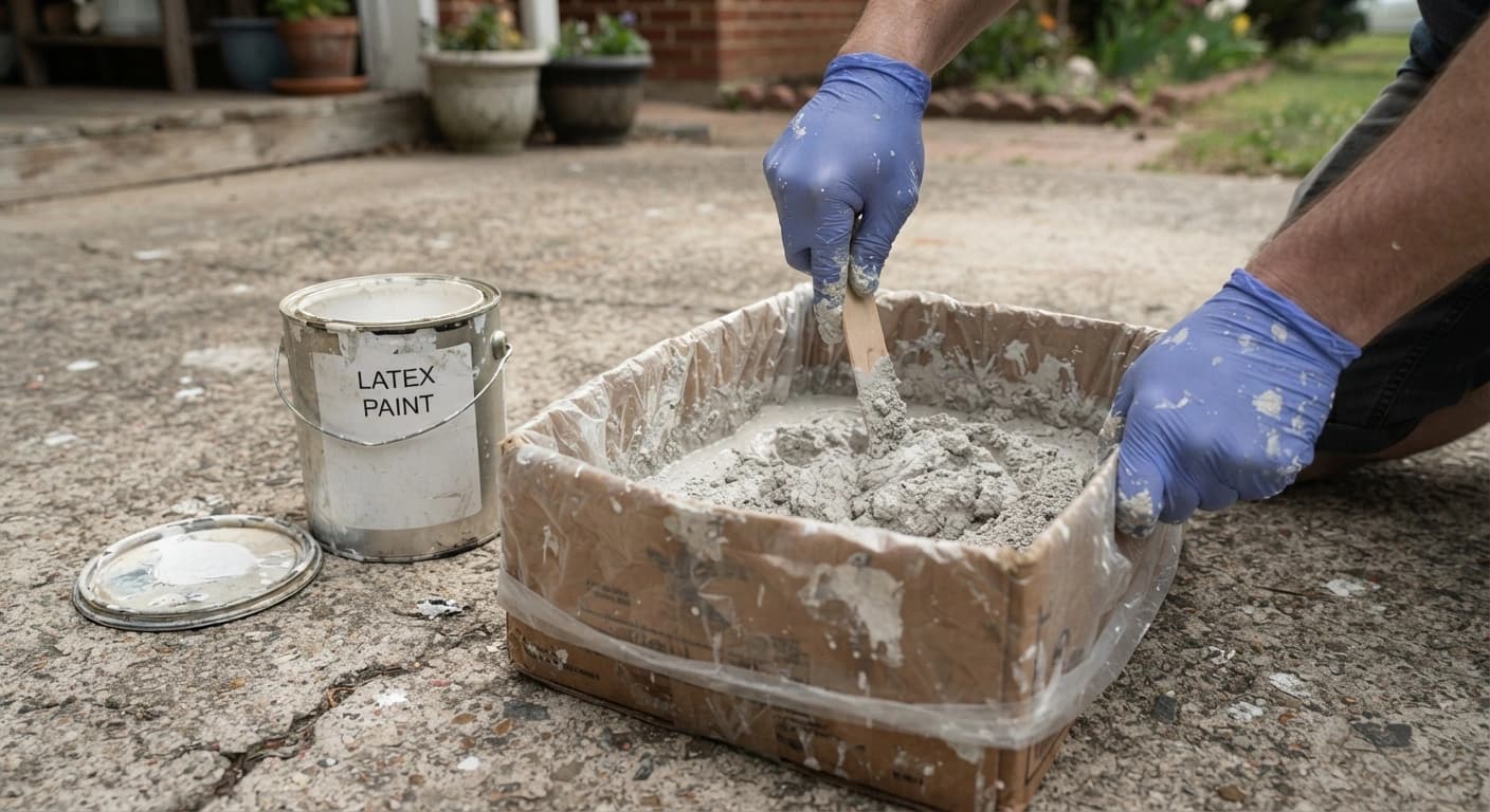 Close-up of gloved hands stirring kitty litter into latex paint in a lined box or old bucket on a driveway or patio. Show the paint can with its lid off beside it. Natural daylight, no faces